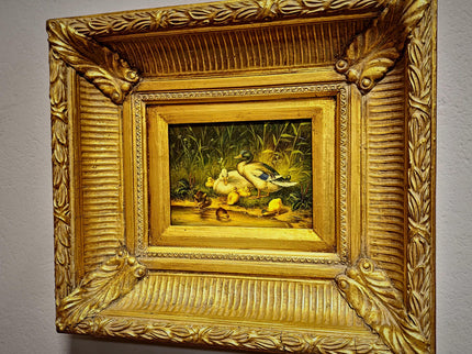 Antique Dutch Animal Oil Painting with Duck Family, Signed Artwork, Rustic Farmhouse Decor, Collectible Fine Art, Gold Framed Bird Wall Art