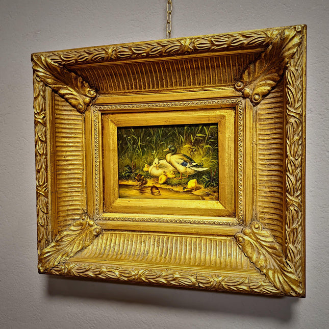 Antique Dutch Animal Oil Painting with Duck Family, Signed Artwork, Rustic Farmhouse Decor, Collectible Fine Art, Gold Framed Bird Wall Art