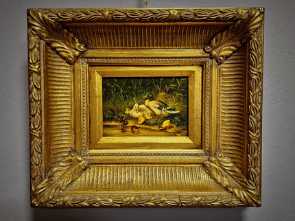Antique Dutch Animal Oil Painting with Duck Family, Signed Artwork, Rustic Farmhouse Decor, Collectible Fine Art, Gold Framed Bird Wall Art