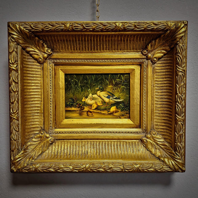 Antique Dutch Animal Oil Painting with Duck Family, Signed Artwork, Rustic Farmhouse Decor, Collectible Fine Art, Gold Framed Bird Wall Art