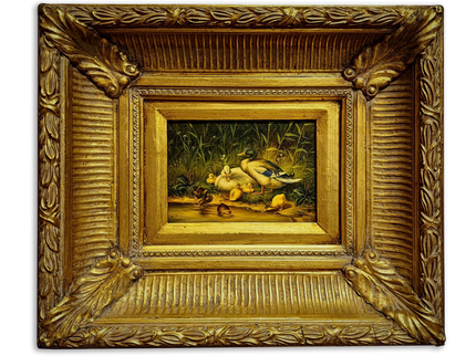 Antique Dutch Animal Oil Painting with Duck Family, Signed Artwork, Rustic Farmhouse Decor, Collectible Fine Art, Gold Framed Bird Wall Art