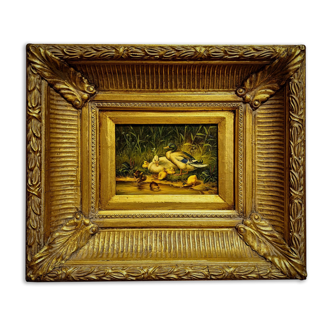 Antique Dutch Animal Oil Painting with Duck Family, Signed Artwork, Rustic Farmhouse Decor, Collectible Fine Art, Gold Framed Bird Wall Art