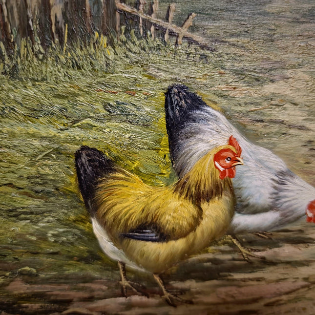 Vintage Farmyard Oil Painting, Signed Artwork with Rooster and Hens, Gold Framed Wall Art, Rustic Pastoral Scene, European Fine Home Decor