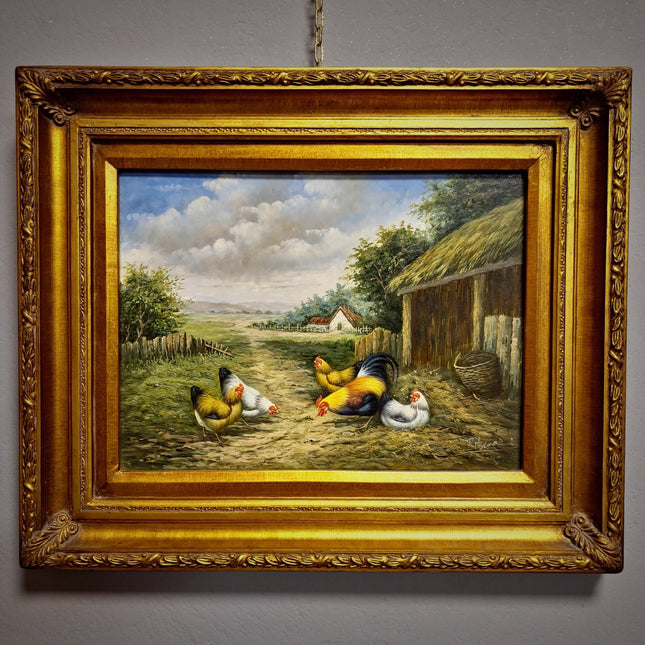 Vintage Farmyard Oil Painting, Signed Artwork with Rooster and Hens, Gold Framed Wall Art, Rustic Pastoral Scene, European Fine Home Decor