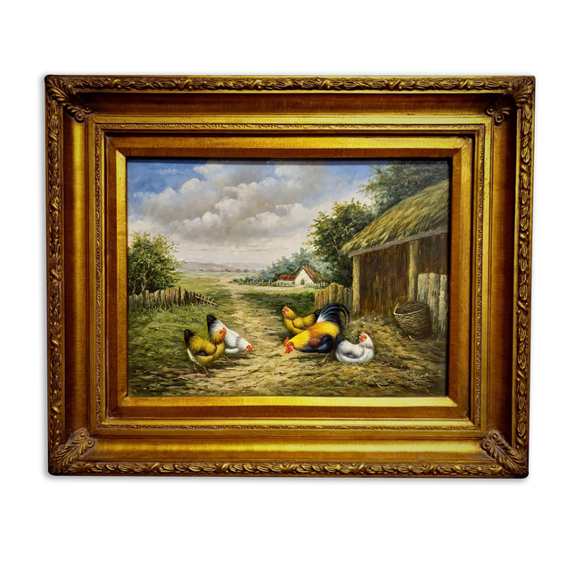 Vintage Farmyard Oil Painting, Signed Artwork with Rooster and Hens, Gold Framed Wall Art, Rustic Pastoral Scene, European Fine Home Decor