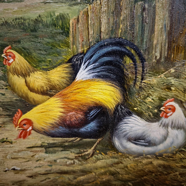 Vintage Farmyard Oil Painting, Signed Artwork with Rooster and Hens, Gold Framed Wall Art, Rustic Pastoral Scene, European Fine Home Decor
