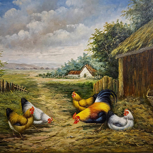 Vintage Farmyard Oil Painting, Signed Artwork with Rooster and Hens, Gold Framed Wall Art, Rustic Pastoral Scene, European Fine Home Decor