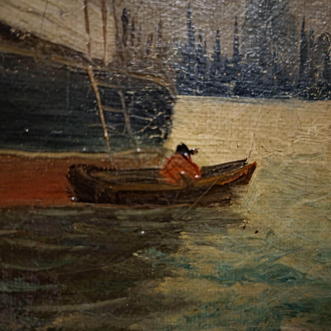 Antique Maritime Oil Painting, German Harbor Scene, 19th Century Ship Artwork, Signed Marine Canvas Gold Framed Wall Art Nautical Home Decor