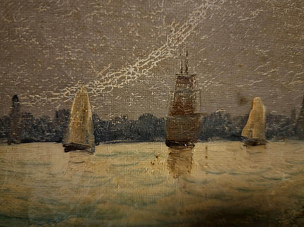 Antique Maritime Oil Painting, German Harbor Scene, 19th Century Ship Artwork, Signed Marine Canvas Gold Framed Wall Art Nautical Home Decor