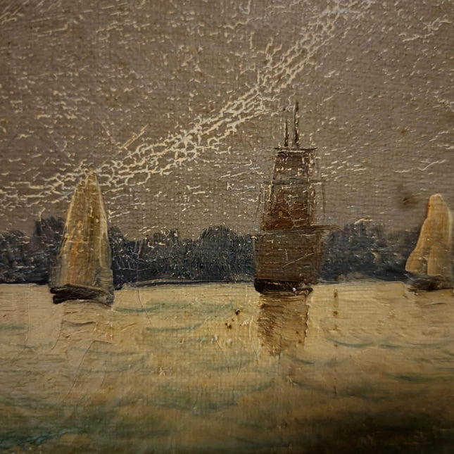 Antique Maritime Oil Painting, German Harbor Scene, 19th Century Ship Artwork, Signed Marine Canvas Gold Framed Wall Art Nautical Home Decor