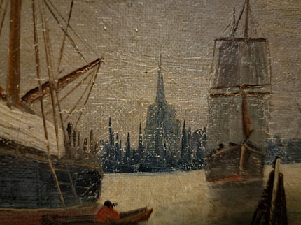 Antique Maritime Oil Painting, German Harbor Scene, 19th Century Ship Artwork, Signed Marine Canvas Gold Framed Wall Art Nautical Home Decor