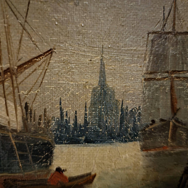 Antique Maritime Oil Painting, German Harbor Scene, 19th Century Ship Artwork, Signed Marine Canvas Gold Framed Wall Art Nautical Home Decor