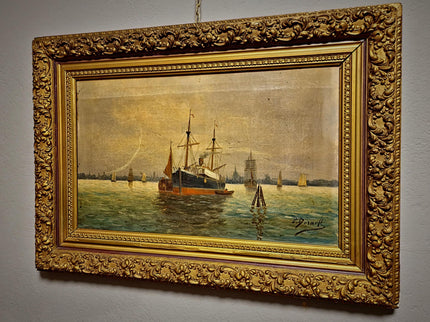 Antique Maritime Oil Painting, German Harbor Scene, 19th Century Ship Artwork, Signed Marine Canvas Gold Framed Wall Art Nautical Home Decor