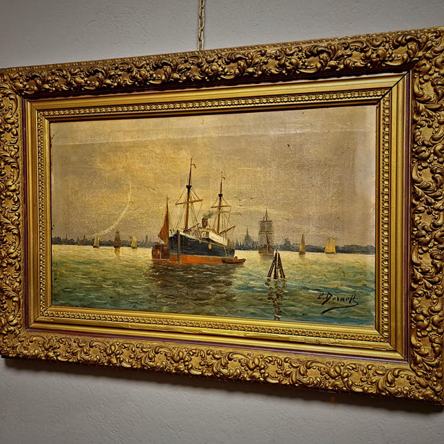 Antique Maritime Oil Painting, German Harbor Scene, 19th Century Ship Artwork, Signed Marine Canvas Gold Framed Wall Art Nautical Home Decor