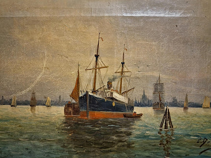 Antique Maritime Oil Painting, German Harbor Scene, 19th Century Ship Artwork, Signed Marine Canvas Gold Framed Wall Art Nautical Home Decor