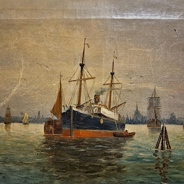 Antique Maritime Oil Painting, German Harbor Scene, 19th Century Ship Artwork, Signed Marine Canvas Gold Framed Wall Art Nautical Home Decor