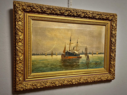 Antique Maritime Oil Painting, German Harbor Scene, 19th Century Ship Artwork, Signed Marine Canvas Gold Framed Wall Art Nautical Home Decor