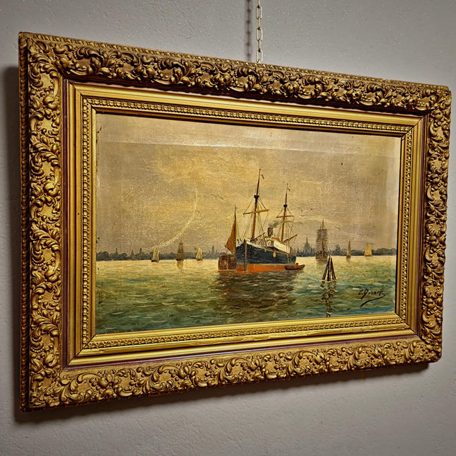 Antique Maritime Oil Painting, German Harbor Scene, 19th Century Ship Artwork, Signed Marine Canvas Gold Framed Wall Art Nautical Home Decor