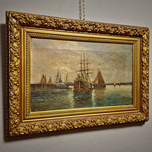 Antique Marine Oil Painting, 19th Century Seascape with Sailing Ship, Signed Nautical Artwork, Gold Framed Ocean Scene, Vintage Wall Decor