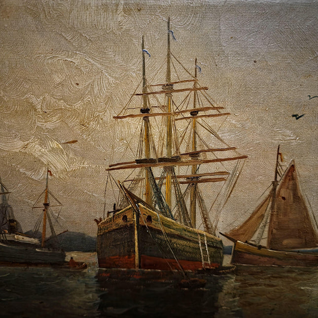 Antique Marine Oil Painting, 19th Century Seascape with Sailing Ship, Signed Nautical Artwork, Gold Framed Ocean Scene, Vintage Wall Decor