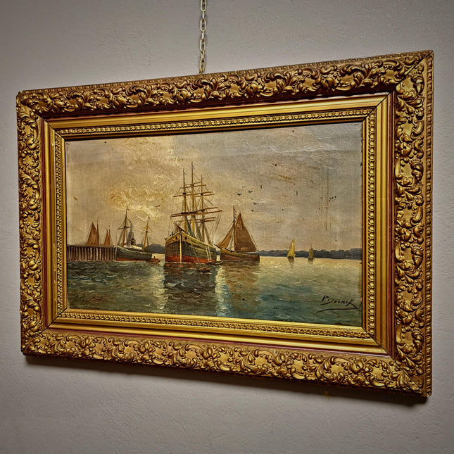 Antique Marine Oil Painting, 19th Century Seascape with Sailing Ship, Signed Nautical Artwork, Gold Framed Ocean Scene, Vintage Wall Decor