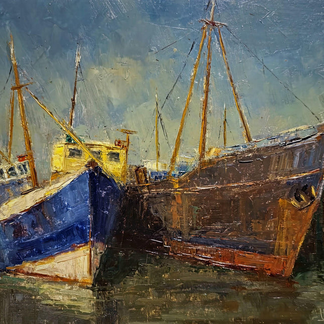Vintage Maritime Oil Painting, Signed Seascape Artwork, Coastal Nautical Decor, Original Fishing Boats Scene, Collectible Framed Wall Art