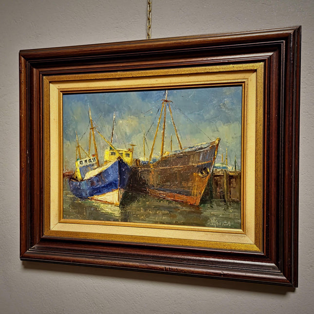 Vintage Maritime Oil Painting, Signed Seascape Artwork, Coastal Nautical Decor, Original Fishing Boats Scene, Collectible Framed Wall Art