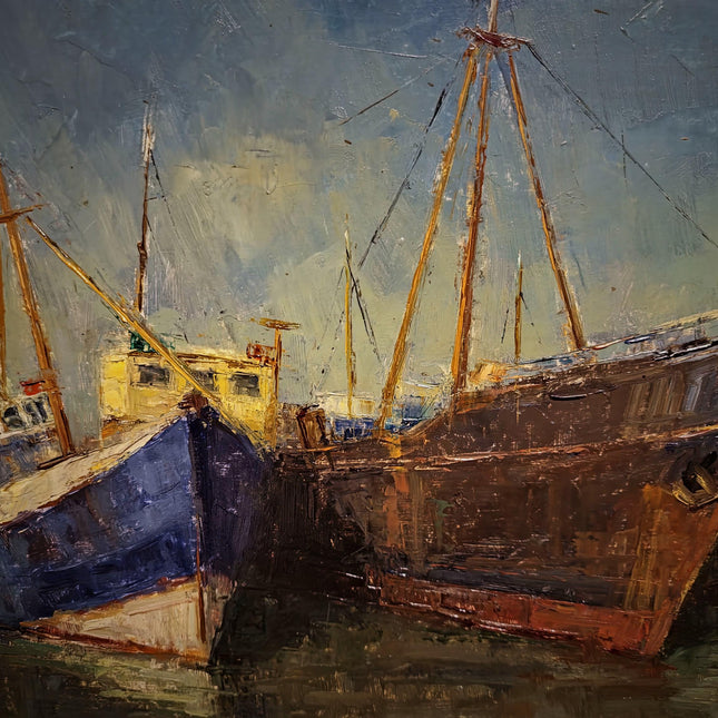 Vintage Maritime Oil Painting, Signed Seascape Artwork, Coastal Nautical Decor, Original Fishing Boats Scene, Collectible Framed Wall Art