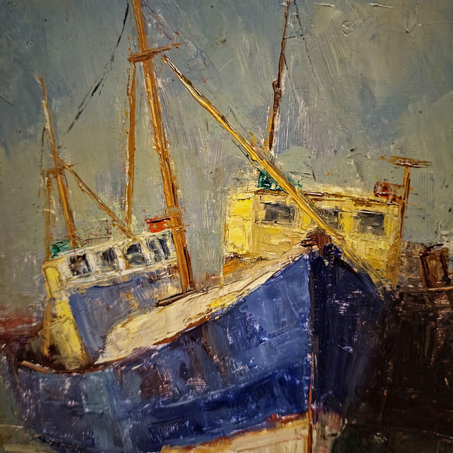 Vintage Maritime Oil Painting, Signed Seascape Artwork, Coastal Nautical Decor, Original Fishing Boats Scene, Collectible Framed Wall Art