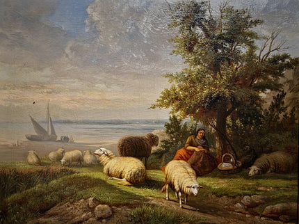 Antique Dutch Pastoral Landscape Oil Painting, 19th Century Signed Artwork, Original Sheep Scene, Rustic Wall Art Collectible European Decor