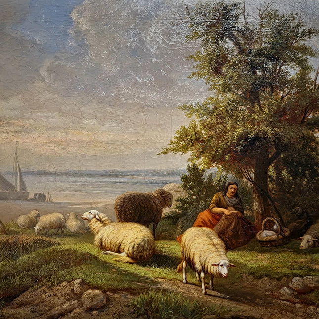 Antique Dutch Pastoral Landscape Oil Painting, 19th Century Signed Artwork, Original Sheep Scene, Rustic Wall Art Collectible European Decor