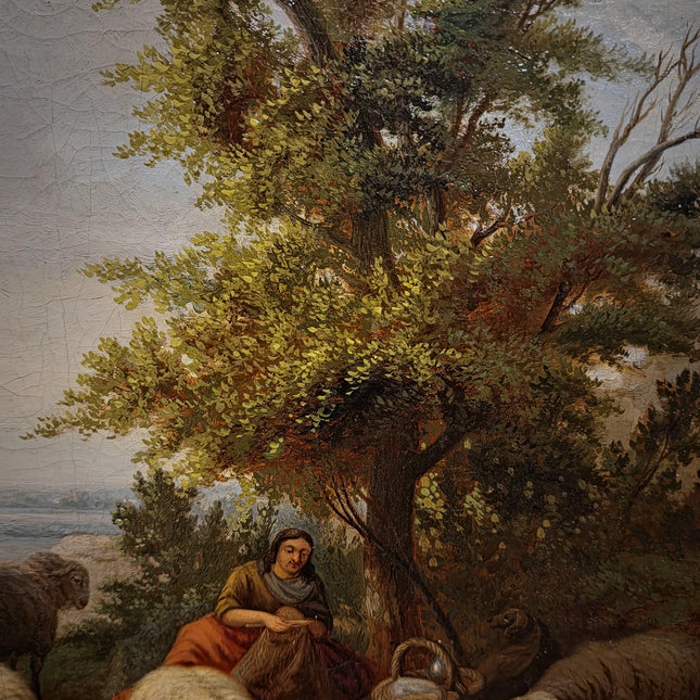 Antique Dutch Pastoral Landscape Oil Painting, 19th Century Signed Artwork, Original Sheep Scene, Rustic Wall Art Collectible European Decor
