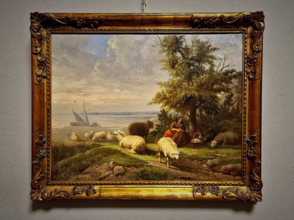 Antique Dutch Pastoral Landscape Oil Painting, 19th Century Signed Artwork, Original Sheep Scene, Rustic Wall Art Collectible European Decor