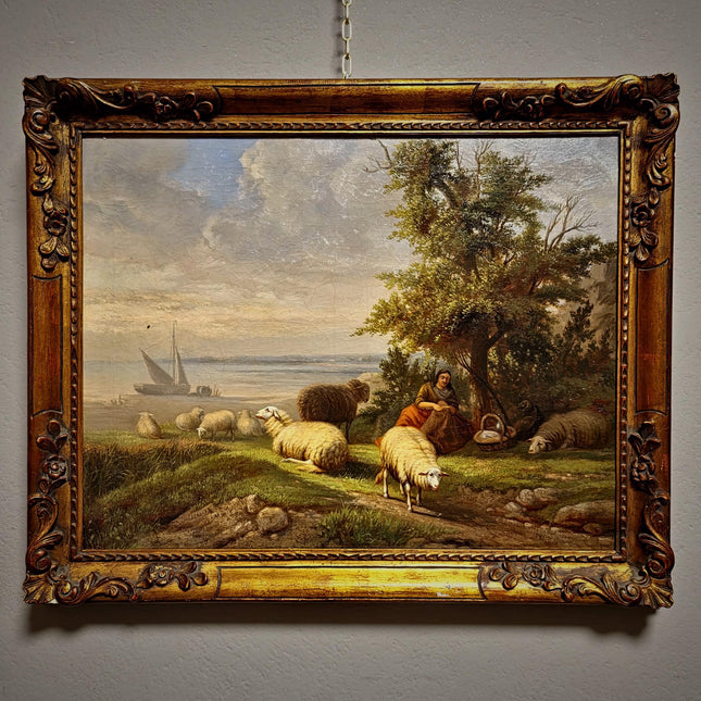 Antique Dutch Pastoral Landscape Oil Painting, 19th Century Signed Artwork, Original Sheep Scene, Rustic Wall Art Collectible European Decor