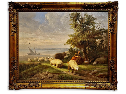 Antique Dutch Pastoral Landscape Oil Painting, 19th Century Signed Artwork, Original Sheep Scene, Rustic Wall Art Collectible European Decor