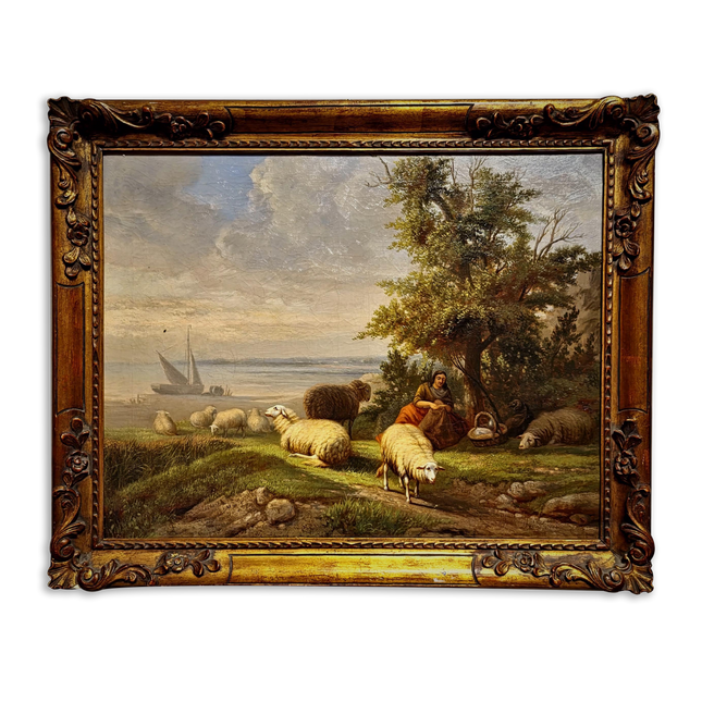 Antique Dutch Pastoral Landscape Oil Painting, 19th Century Signed Artwork, Original Sheep Scene, Rustic Wall Art Collectible European Decor