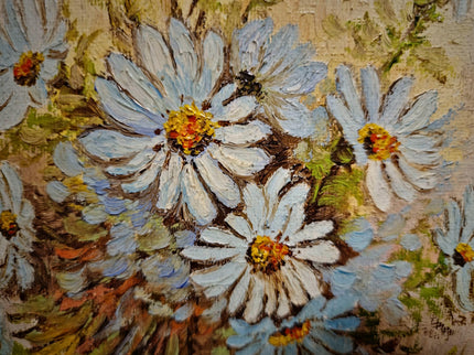 Vintage Floral Oil Painting, Signed Belgian Still Life, Framed Daisies Artwork