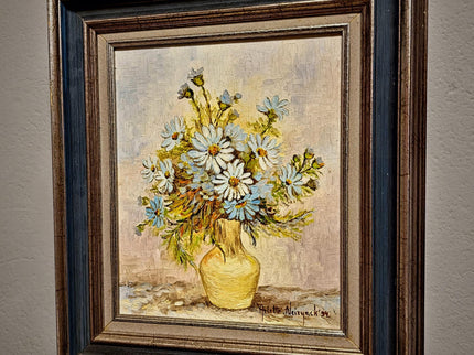 Vintage Floral Oil Painting, Signed Belgian Still Life, Framed Daisies Artwork
