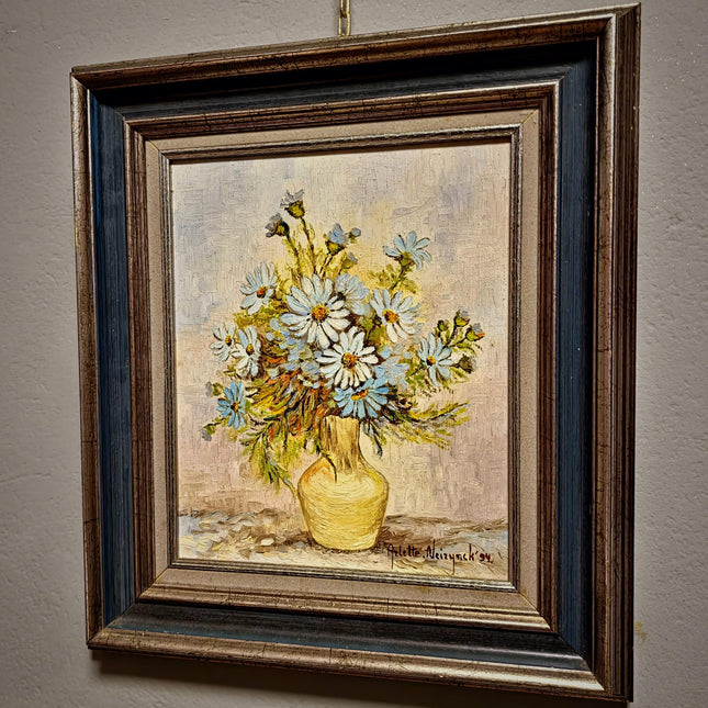 Vintage Floral Oil Painting, Signed Belgian Still Life, Framed Daisies Artwork