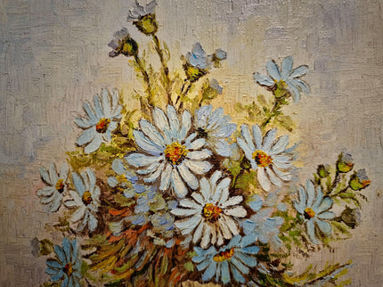 Vintage Floral Oil Painting, Signed Belgian Still Life, Framed Daisies Artwork