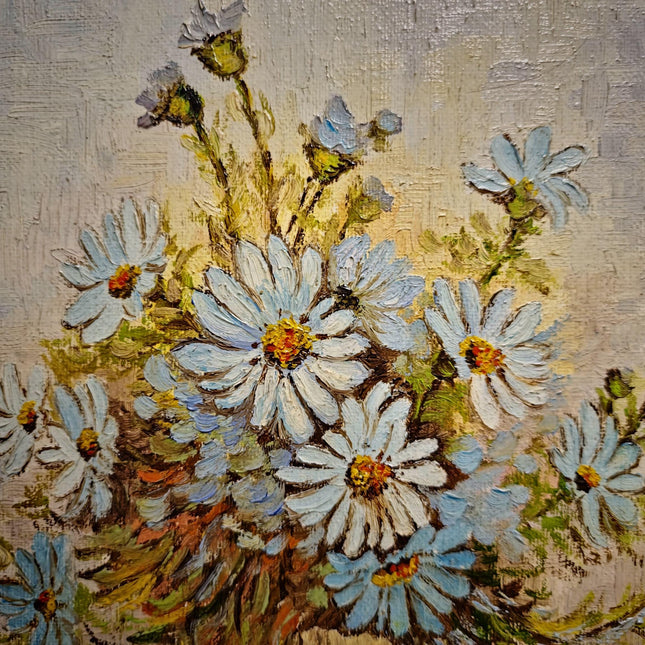 Vintage Floral Oil Painting, Signed Belgian Still Life, Framed Daisies Artwork
