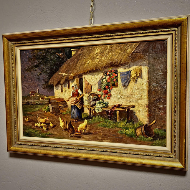 Antique Farmhouse Landscape Painting, Rustic Country Wall Art, Framed Vintage Cottage Decor, Original European Oil Artwork Moody Genre Scene
