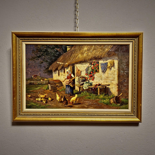 Antique Farmhouse Landscape Painting, Rustic Country Wall Art, Framed Vintage Cottage Decor, Original European Oil Artwork Moody Genre Scene