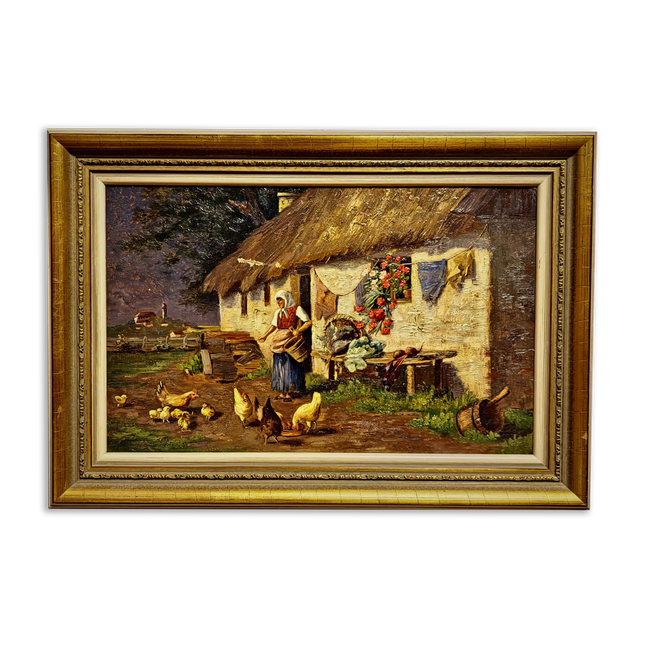 Antique Farmhouse Landscape Painting, Rustic Country Wall Art, Framed Vintage Cottage Decor, Original European Oil Artwork Moody Genre Scene