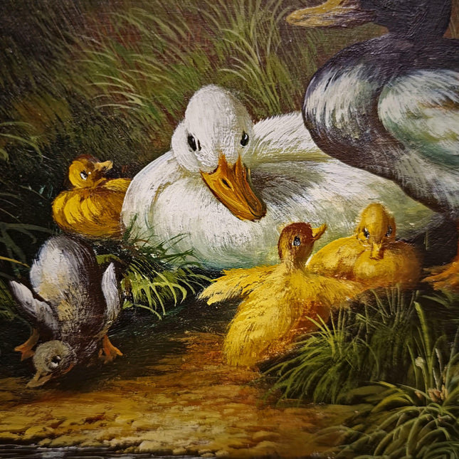 Vintage Duck Family Oil Painting, Signed German Artwork, Gold Framed Animal Scene, Rustic Wildlife Decor, European Cottagecore Wall Art