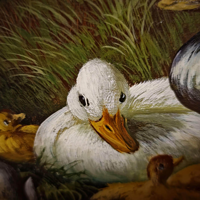 Vintage Duck Family Oil Painting, Signed German Artwork, Gold Framed Animal Scene, Rustic Wildlife Decor, European Cottagecore Wall Art