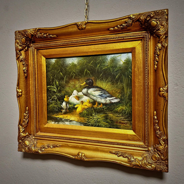 Vintage Duck Family Oil Painting, Signed German Artwork, Gold Framed Animal Scene, Rustic Wildlife Decor, European Cottagecore Wall Art