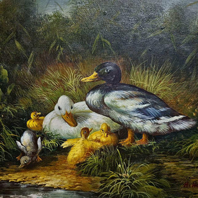 Vintage Duck Family Oil Painting, Signed German Artwork, Gold Framed Animal Scene, Rustic Wildlife Decor, European Cottagecore Wall Art