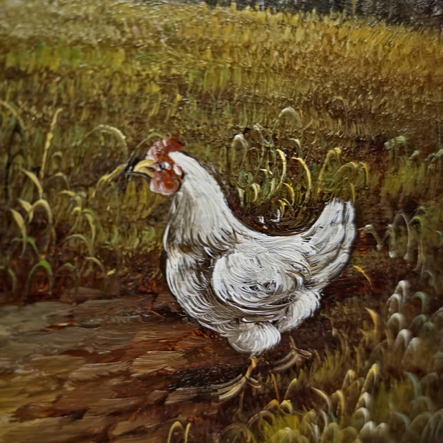 Vintage Chicken Farm Oil Painting, Signed German Artwork, Framed Rustic Animal Scene, Farmhouse Wall Decor, Cottagecore Country Style Art