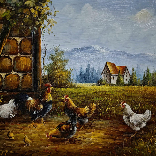 Vintage Chicken Farm Oil Painting, Signed German Artwork, Framed Rustic Animal Scene, Farmhouse Wall Decor, Cottagecore Country Style Art